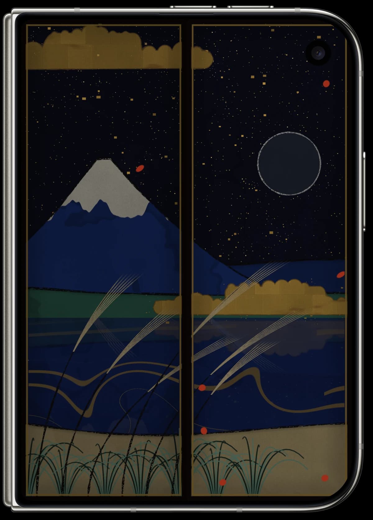 閉じた iPhone Duo。外の画面の月は地球照で輪郭だけが見える