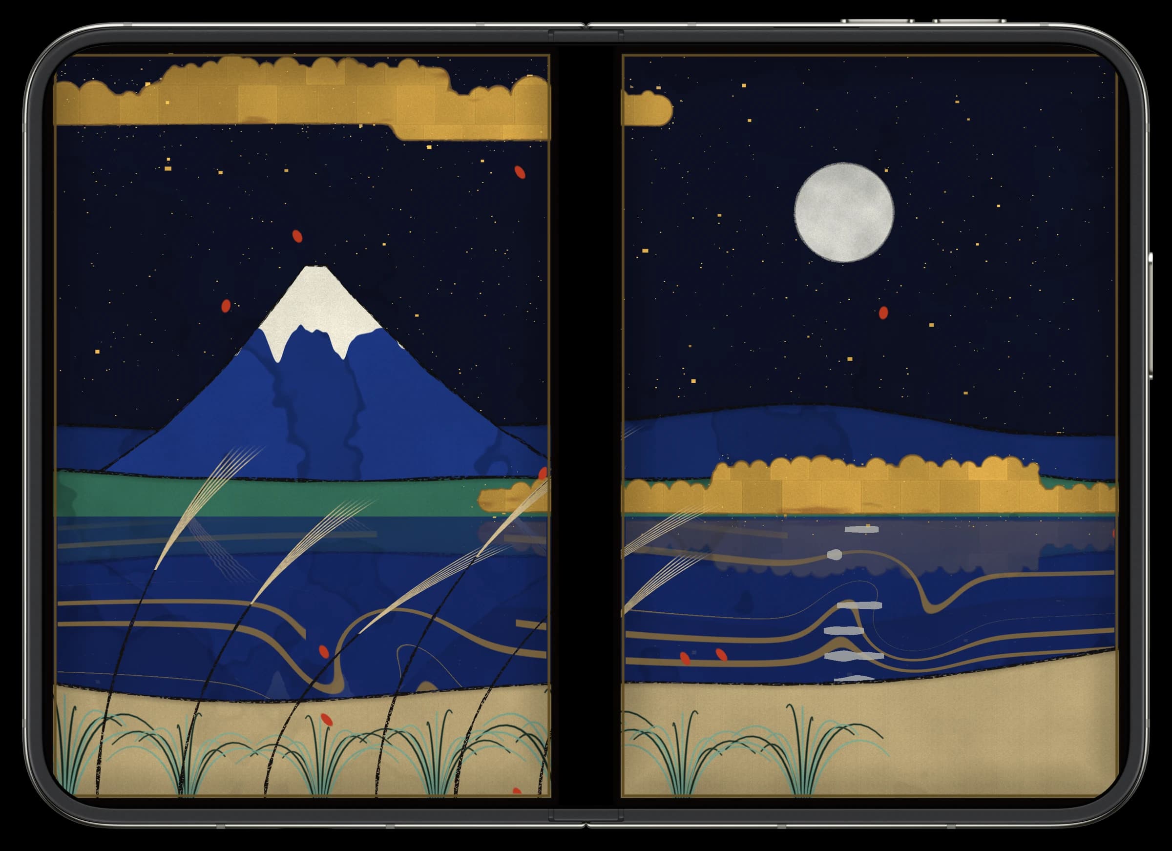 まっすぐひらいた iPhone Duo に、望月がのぼる